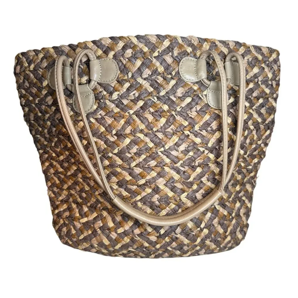 Helen Kaminski Straw Raffia Shoulder Bag Mocha Natural Leather Straps